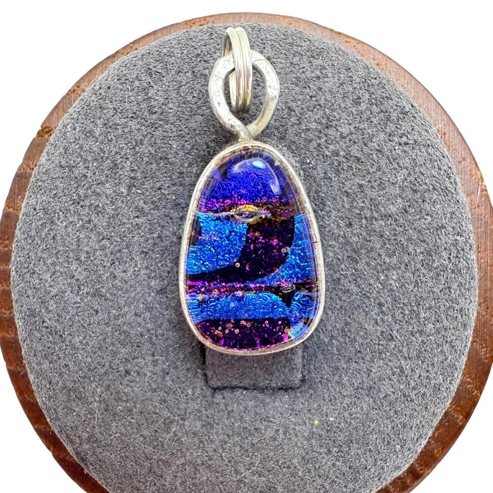Blue & Red Artisan Glass Statement Pendant VTG Sterling Silver 925 Size 0.75"